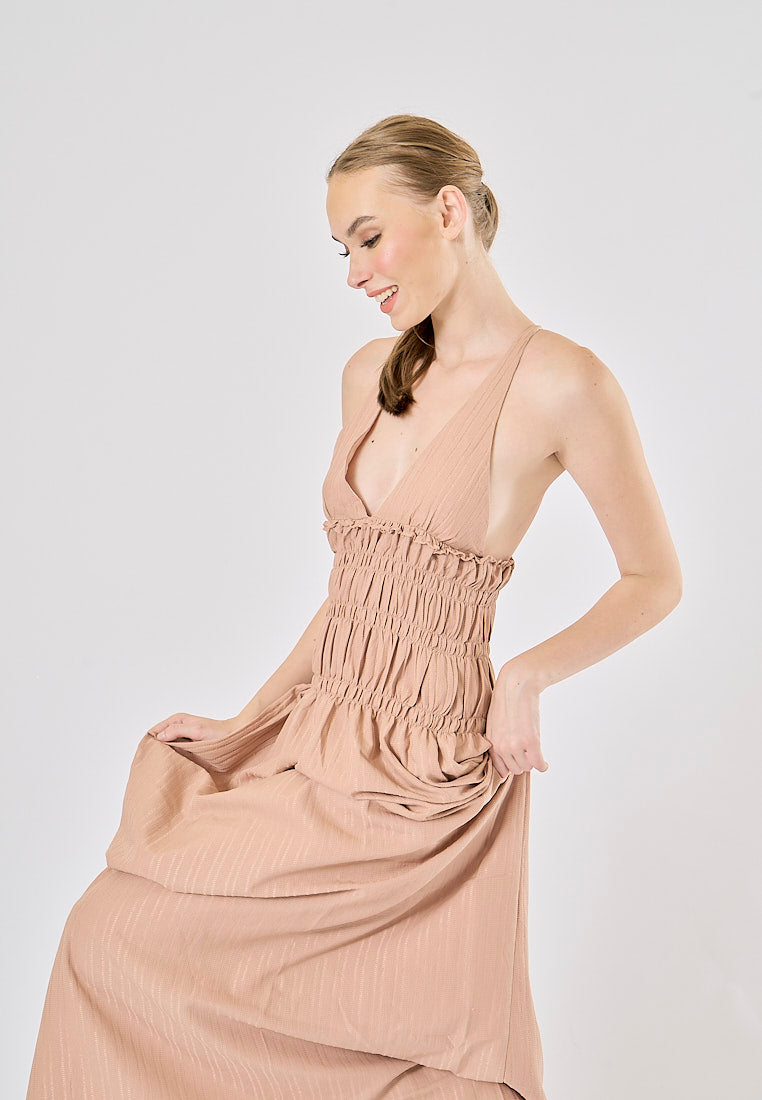 Verona Tea Rose V-Neck Back Hollow Out Elastic Waist Midi Dress