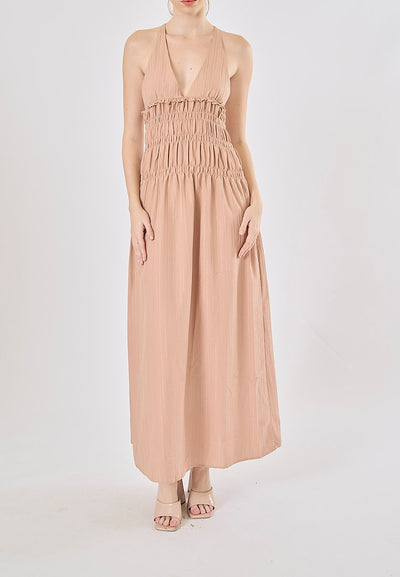 Verona Tea Rose V-Neck Back Hollow Out Elastic Waist Midi Dress