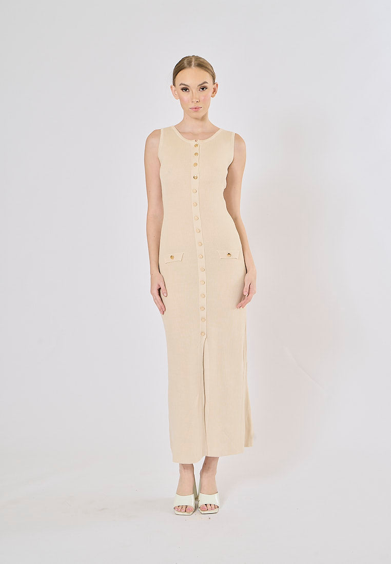 Ventura Beige Button Closure Single-Breasted Knitted Midi Dress