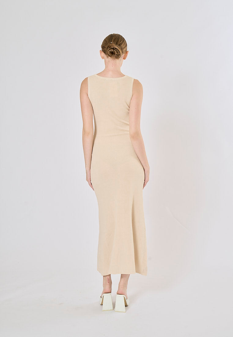 Ventura Beige Button Closure Single-Breasted Knitted Midi Dress