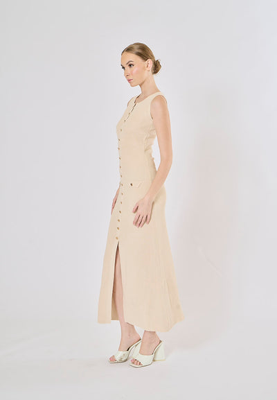 Ventura Beige Button Closure Single-Breasted Knitted Midi Dress