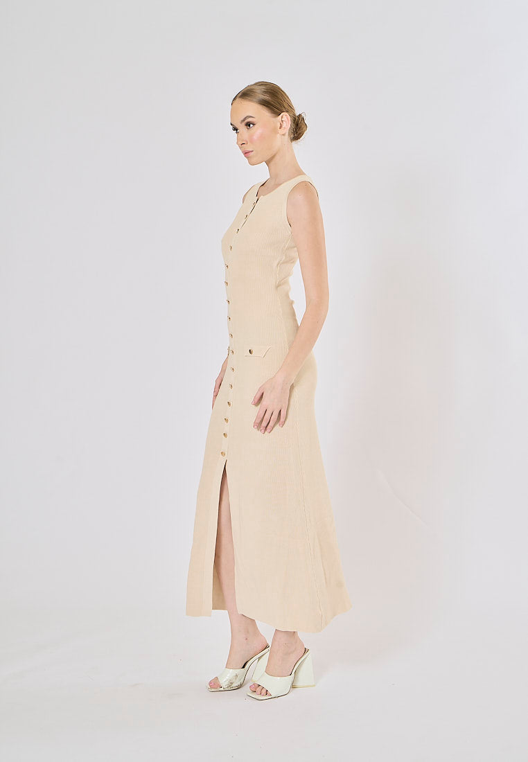 Ventura Beige Button Closure Single-Breasted Knitted Midi Dress