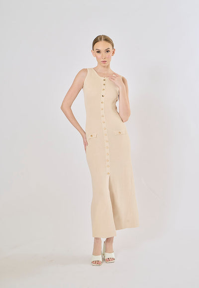 Ventura Beige Button Closure Single-Breasted Knitted Midi Dress