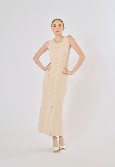 Ventura Beige Button Closure Single-Breasted Knitted Midi Dress