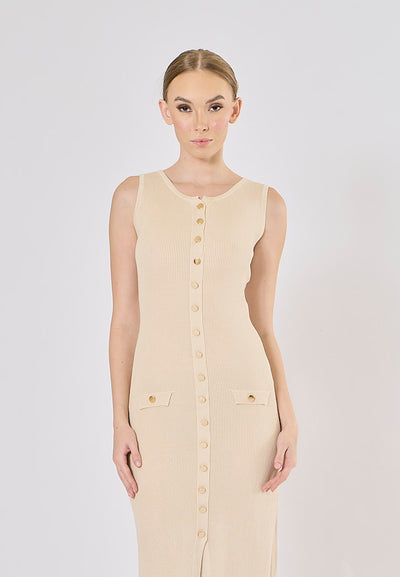 Ventura Beige Button Closure Single-Breasted Knitted Midi Dress