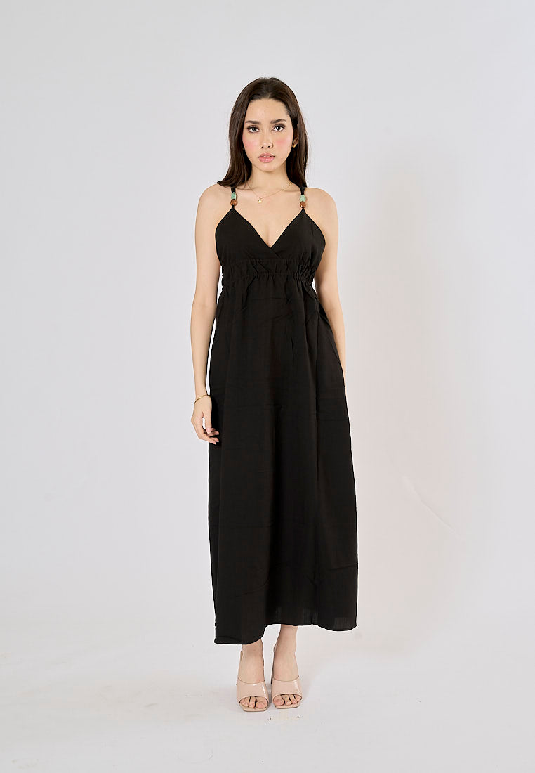 Fitzy Black V-neck Beaded Elastic Waist Midi Dress