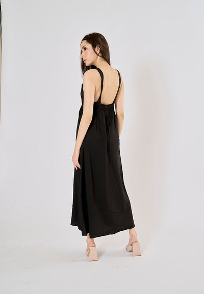 Fitzy Black V-neck Beaded Elastic Waist Midi Dress