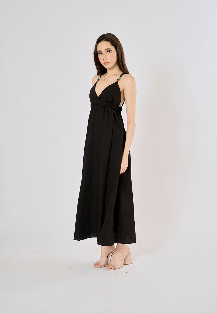 Fitzy Black V-neck Beaded Elastic Waist Midi Dress