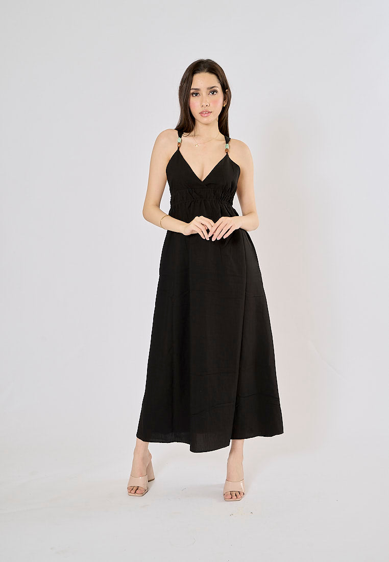 Fitzy Black V-neck Beaded Elastic Waist Midi Dress