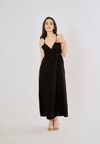 Fitzy Black V-neck Beaded Elastic Waist Midi Dress