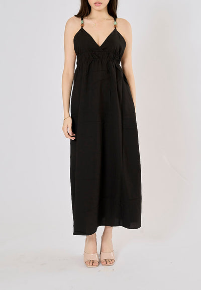 Fitzy Black V-neck Beaded Elastic Waist Midi Dress