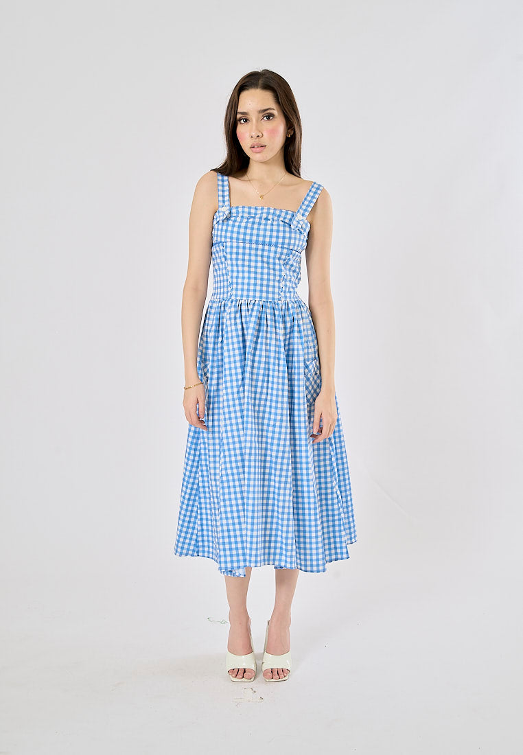 Kendys Blue and White Checkered Front Side Pockets Midi Dress