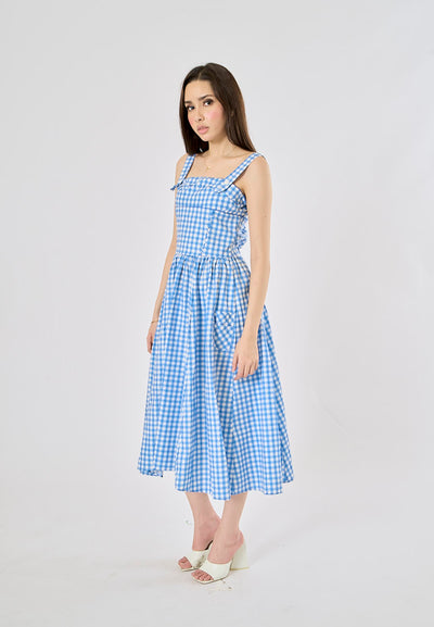 Kendys Blue and White Checkered Front Side Pockets Midi Dress