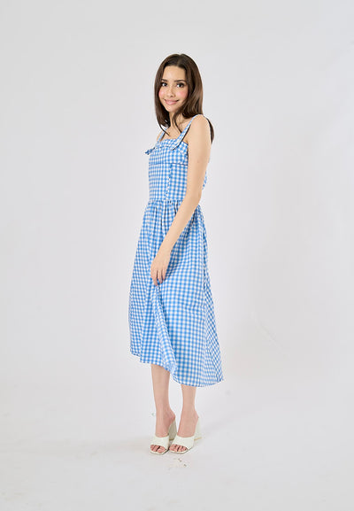 Kendys Blue and White Checkered Front Side Pockets Midi Dress