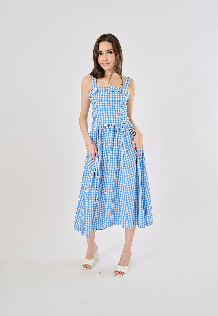 Kendys Blue and White Checkered Front Side Pockets Midi Dress