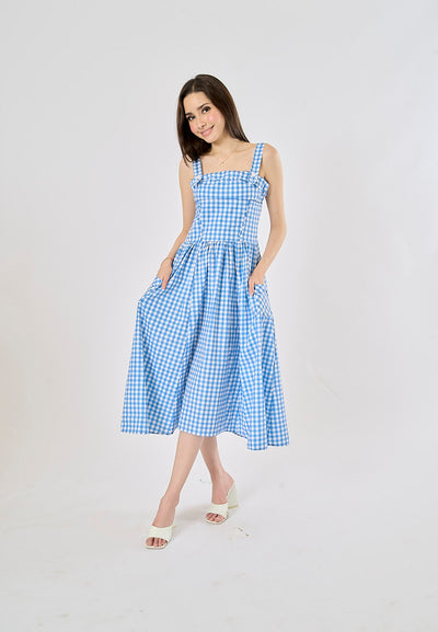 Kendys Blue and White Checkered Front Side Pockets Midi Dress