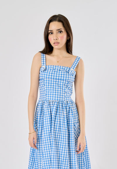 Kendys Blue and White Checkered Front Side Pockets Midi Dress