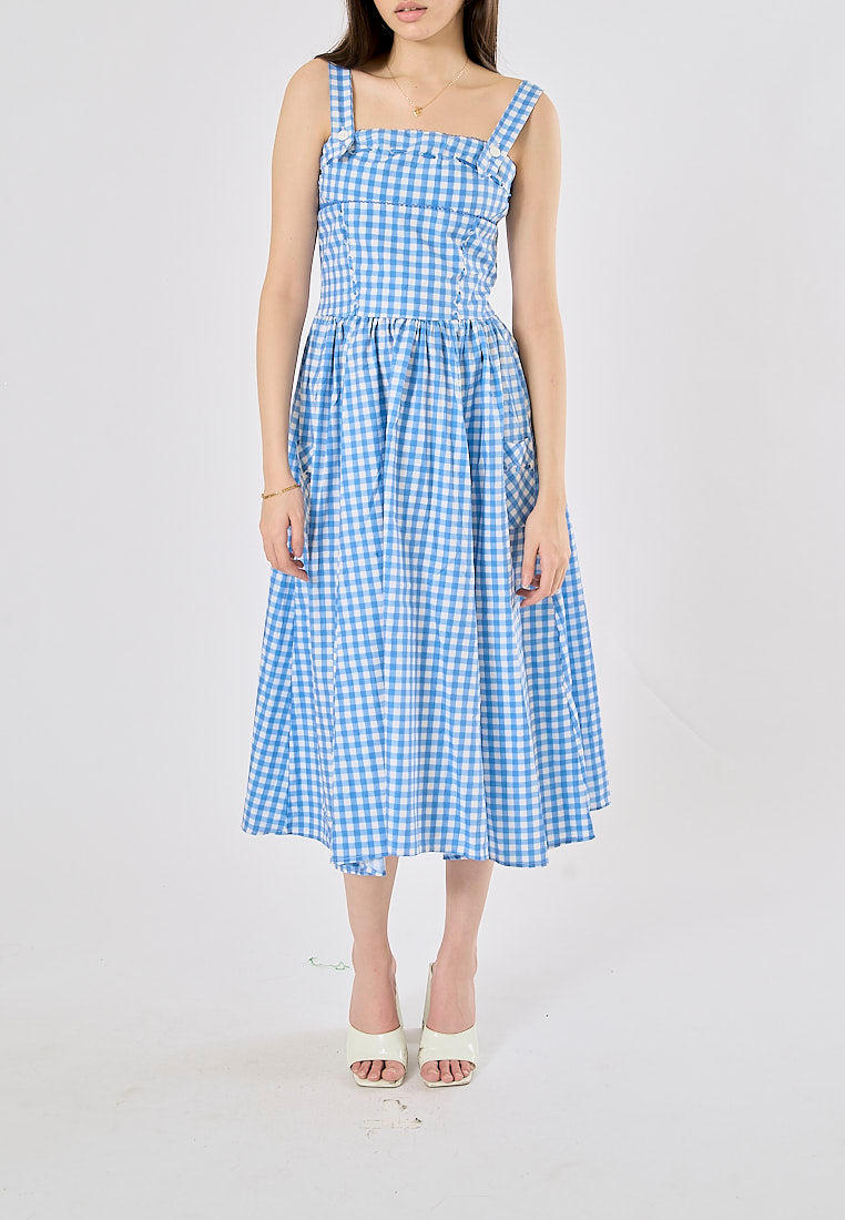 Kendys Blue and White Checkered Front Side Pockets Midi Dress