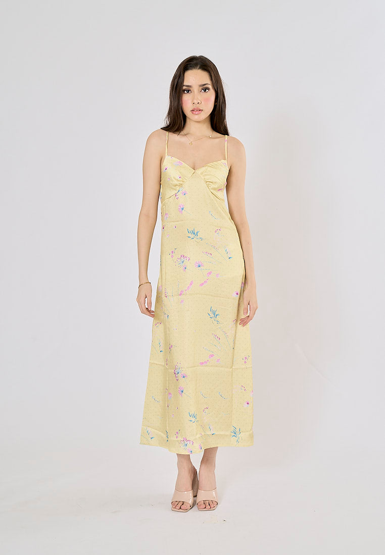 Quinery Pastel Yellow Polka Dots and Floral Print Midi Dress