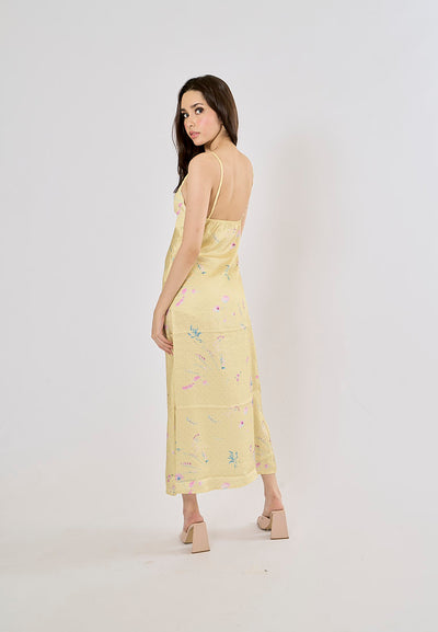 Quinery Pastel Yellow Polka Dots and Floral Print Midi Dress