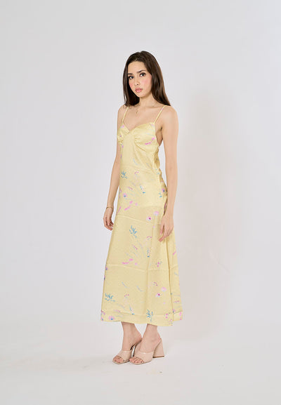 Quinery Pastel Yellow Polka Dots and Floral Print Midi Dress