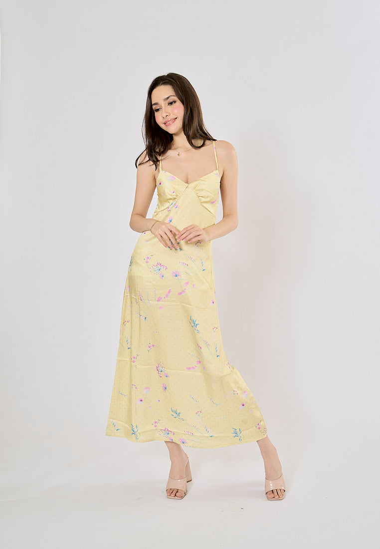 Quinery Pastel Yellow Polka Dots and Floral Print Midi Dress