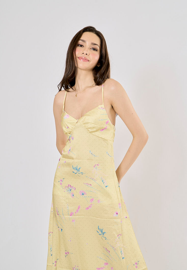 Quinery Pastel Yellow Polka Dots and Floral Print Midi Dress