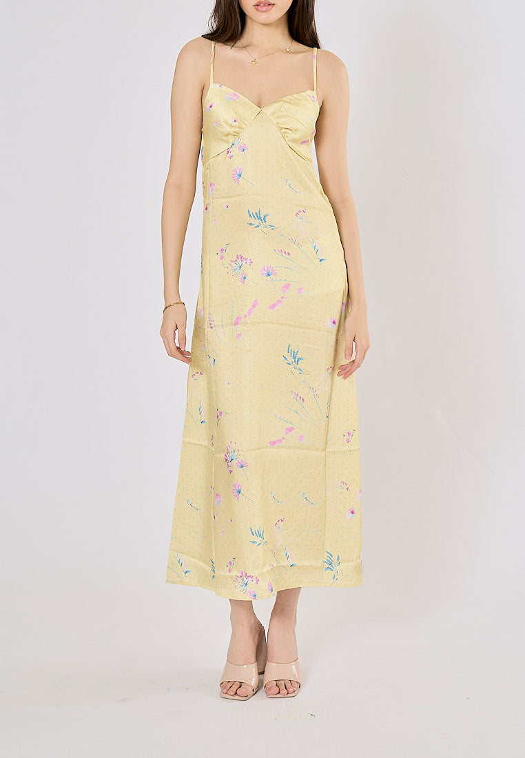 Quinery Pastel Yellow Polka Dots and Floral Print Midi Dress