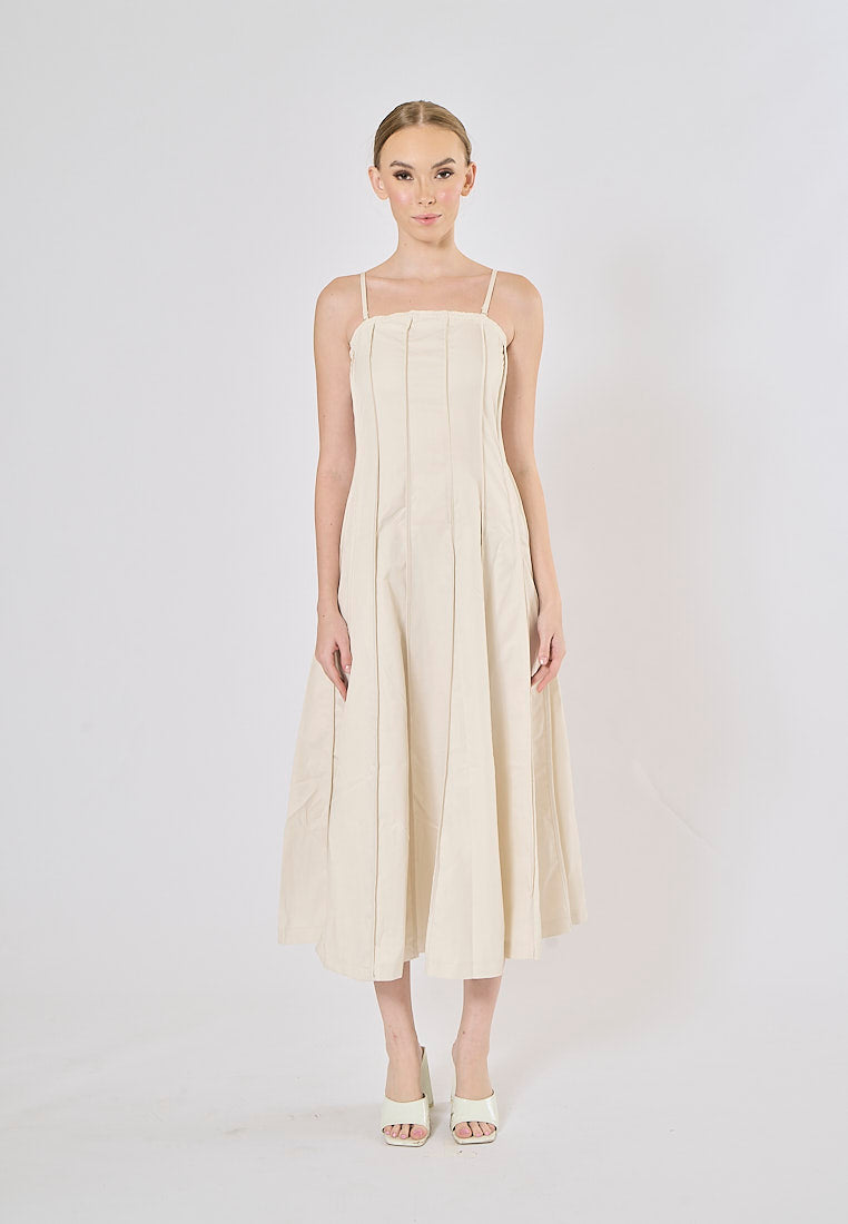 Lemmery Beige Thin Strappy Pleated Midi Dress