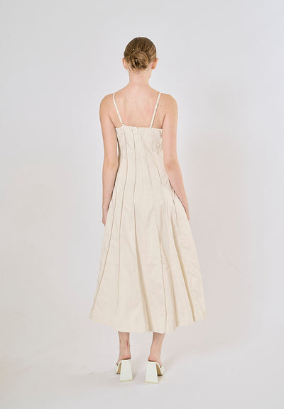 Lemmery Beige Thin Strappy Pleated Midi Dress