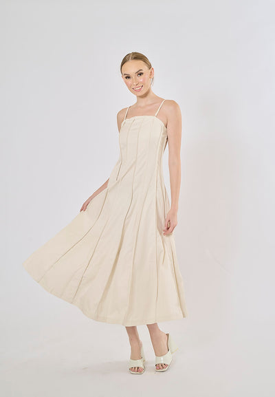 Lemmery Beige Thin Strappy Pleated Midi Dress