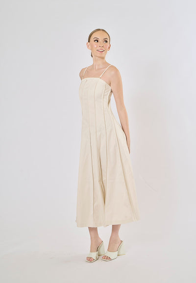 Lemmery Beige Thin Strappy Pleated Midi Dress