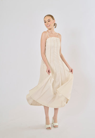 Lemmery Beige Thin Strappy Pleated Midi Dress