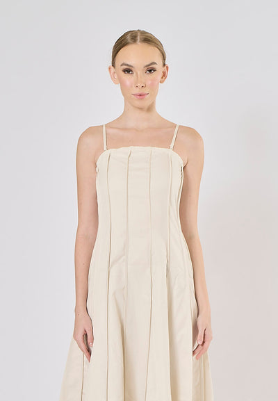 Lemmery Beige Thin Strappy Pleated Midi Dress