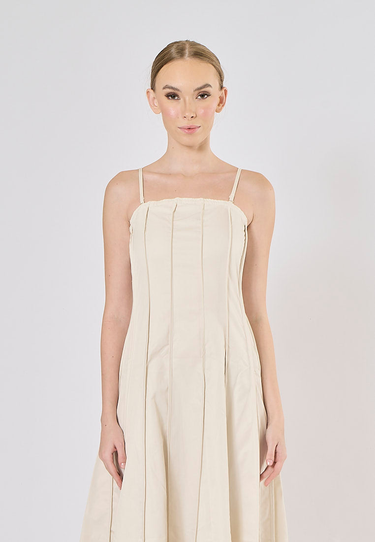 Lemmery Beige Thin Strappy Pleated Midi Dress