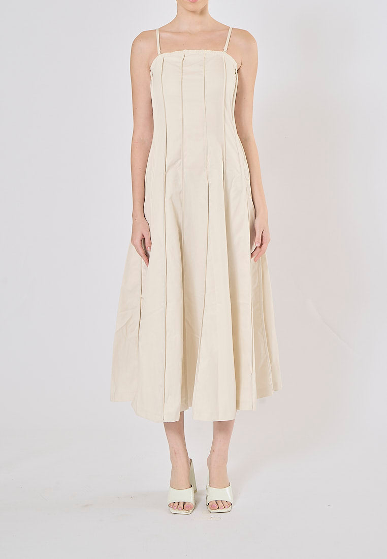 Lemmery Beige Thin Strappy Pleated Midi Dress