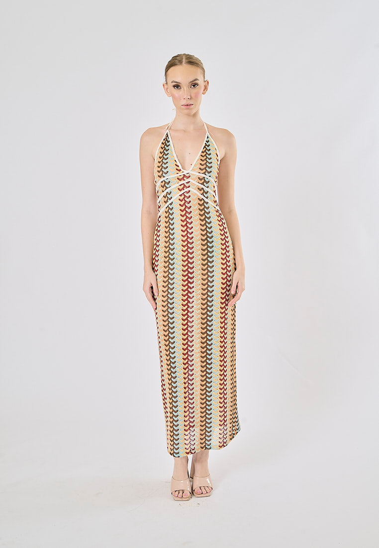 Madrid Multi Color Pattern Back Hollow Out Halter Midi Dress