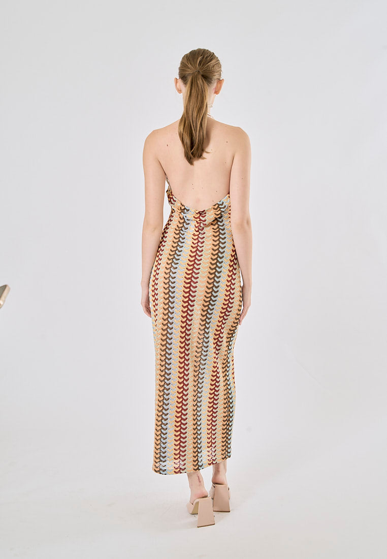 Madrid Multi Color Pattern Back Hollow Out Halter Midi Dress