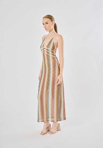 Madrid Multi Color Pattern Back Hollow Out Halter Midi Dress