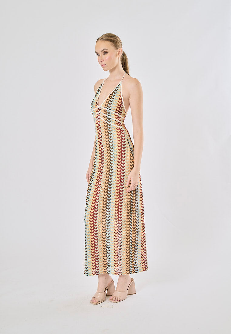 Madrid Multi Color Pattern Back Hollow Out Halter Midi Dress