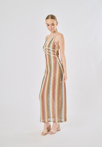 Madrid Multi Color Pattern Back Hollow Out Halter Midi Dress