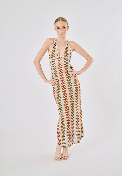 Madrid Multi Color Pattern Back Hollow Out Halter Midi Dress