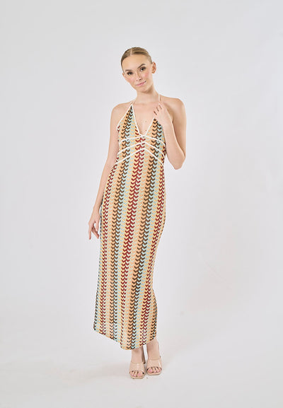 Madrid Multi Color Pattern Back Hollow Out Halter Midi Dress