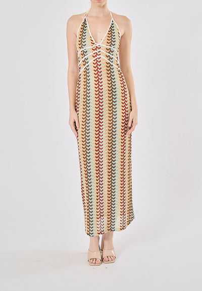 Madrid Multi Color Pattern Back Hollow Out Halter Midi Dress