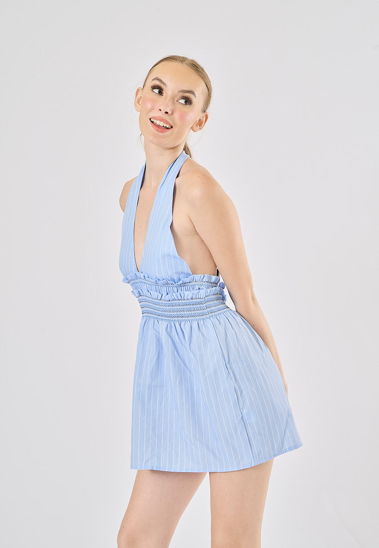 Pecola Powder Blue Striped Back Hollow Out Mini Halter Dress