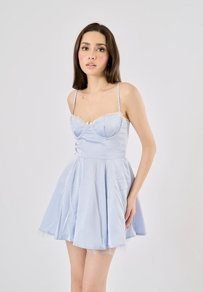 Nevie Blue Wired Bustier Thin Strap Pleated Mini Dress