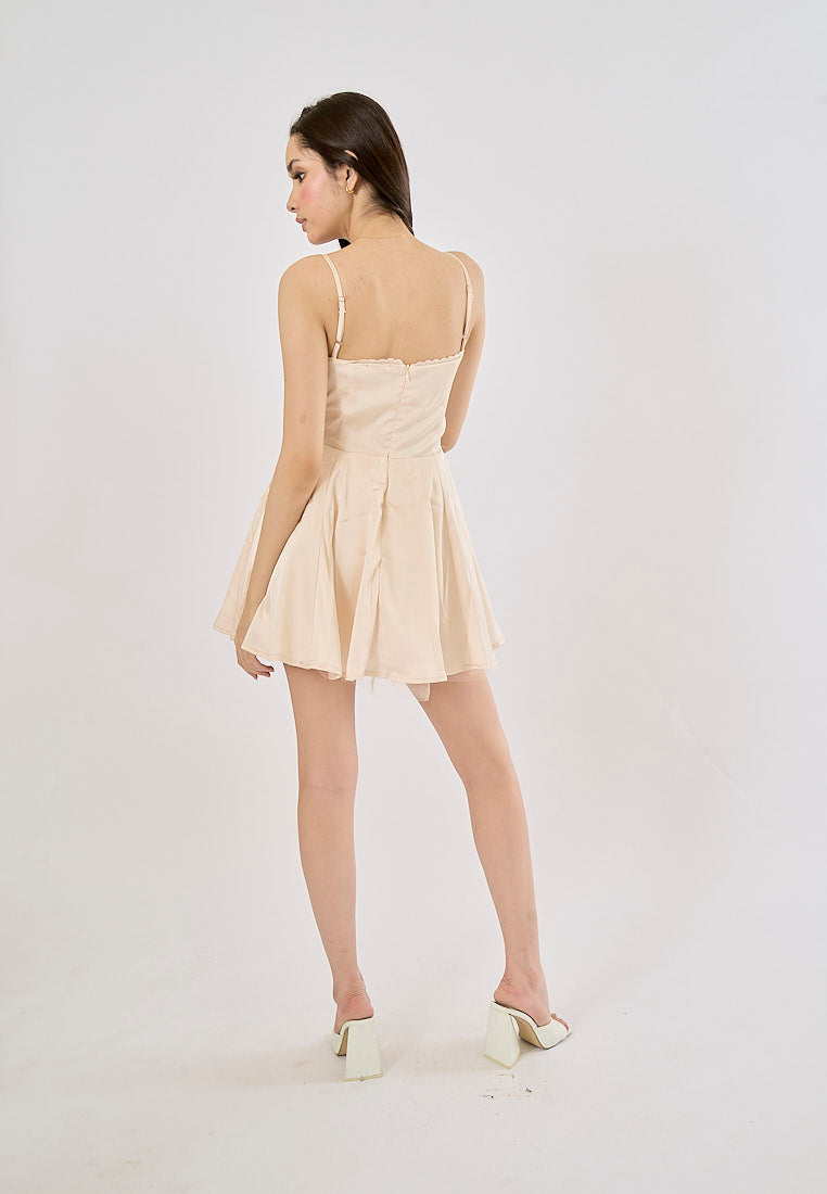 Nevie Beige Wired Bustier Thin Strap Pleated Mini Dress