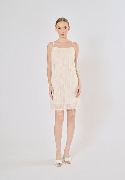 Demi Beige Square Colar Front Tassel Mini Dress