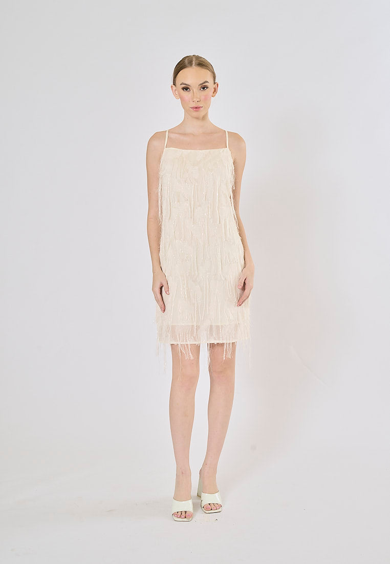 Demi Beige Square Colar Front Tassel Mini Dress