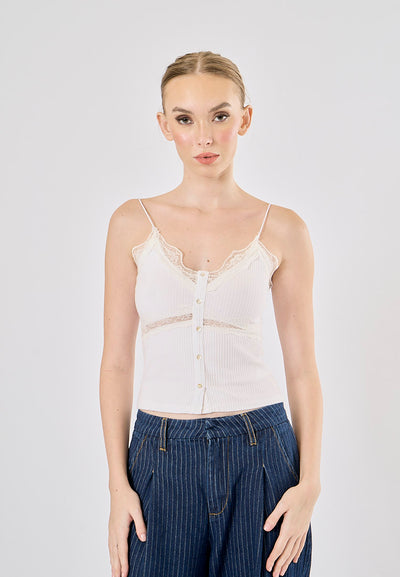 Nori Vintage White Mesh Splicing V-neck Button-Down Tank To